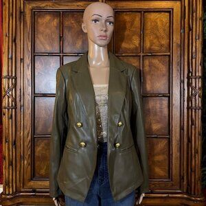 NWOT G by Giuliana Olive Faux Leather Double Breasted Stretch Sleeve Blazer